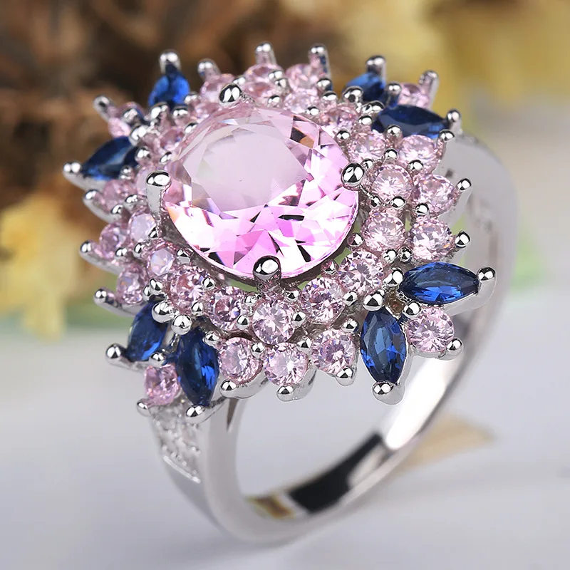 

Fasion Real Solid 925 Sterling Silver Ring Women Gift AAA Multi Color Zircon Jewelry Blue Pave Flower Wedding Silver Rings Gift