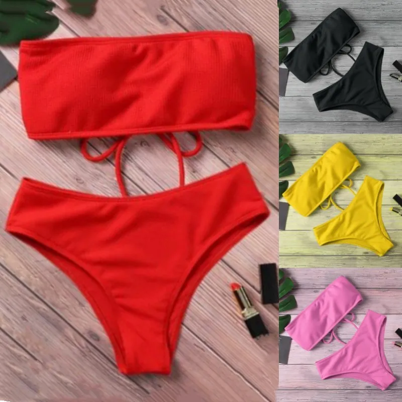 

New Bikini High Waist Strapless Sexy Bikini Women Swimwear Women Swimsuit Padded Bathing Suit Monokin Pure Color