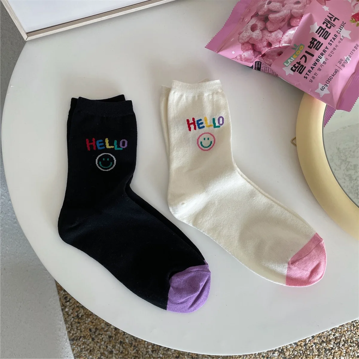 

New Rainbow Socks Women's Tide Brand Letter Closing Pile Socks Women's Smiling Face In The Tube Cotton Socks
