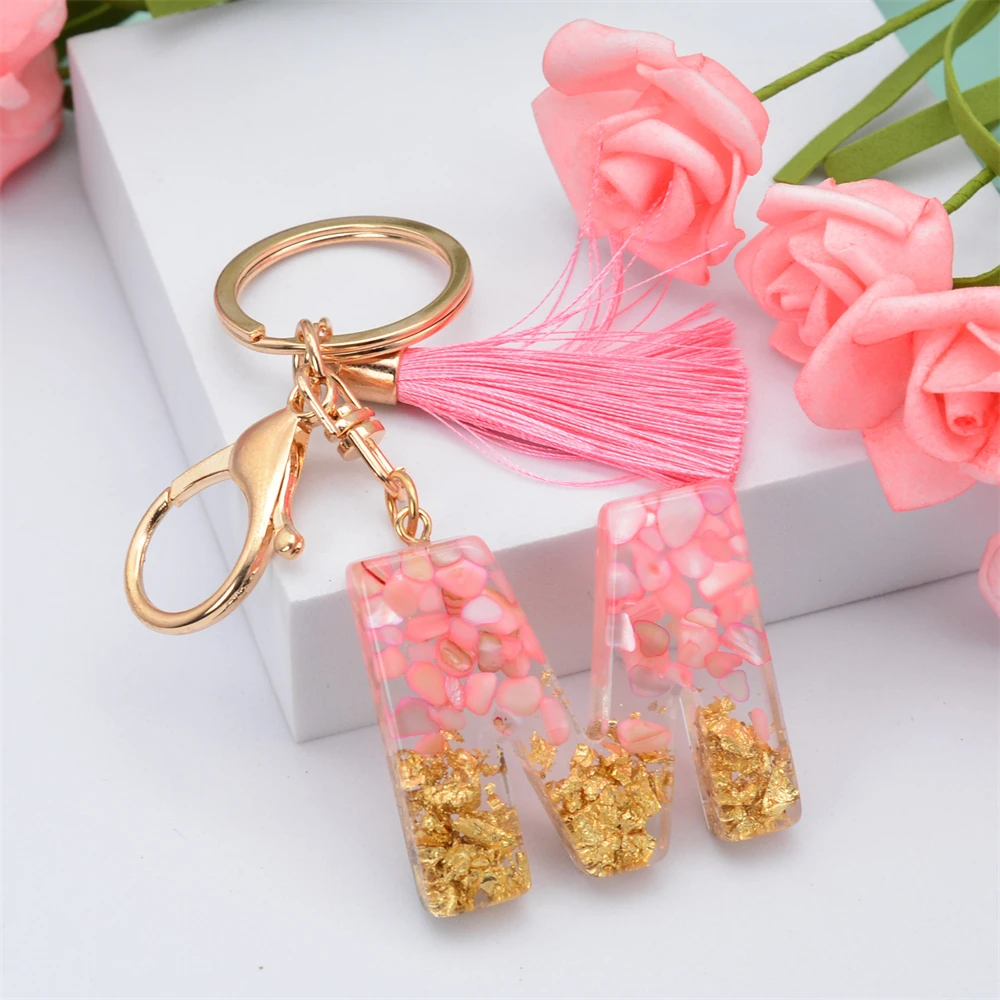 Exquisite Pink Tassel Gold Foil 26 Letter Pendent Keychain for Girl Resin Keyrings Women Bag Ornamant Accessories Gifts