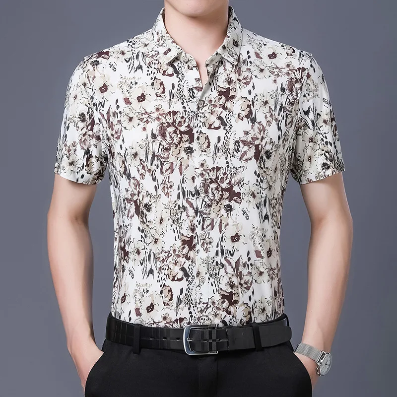 Summer Middle-aged Men's Clothing Ice Silk Short-sleeved Printed Shirts Business Casual Jacquard Shirt Men  4XL E38