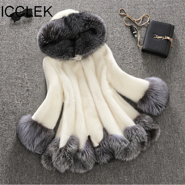 

ICCLEK Mink fur coat female Plush coat hooded slim fitting fox hair medium length coat