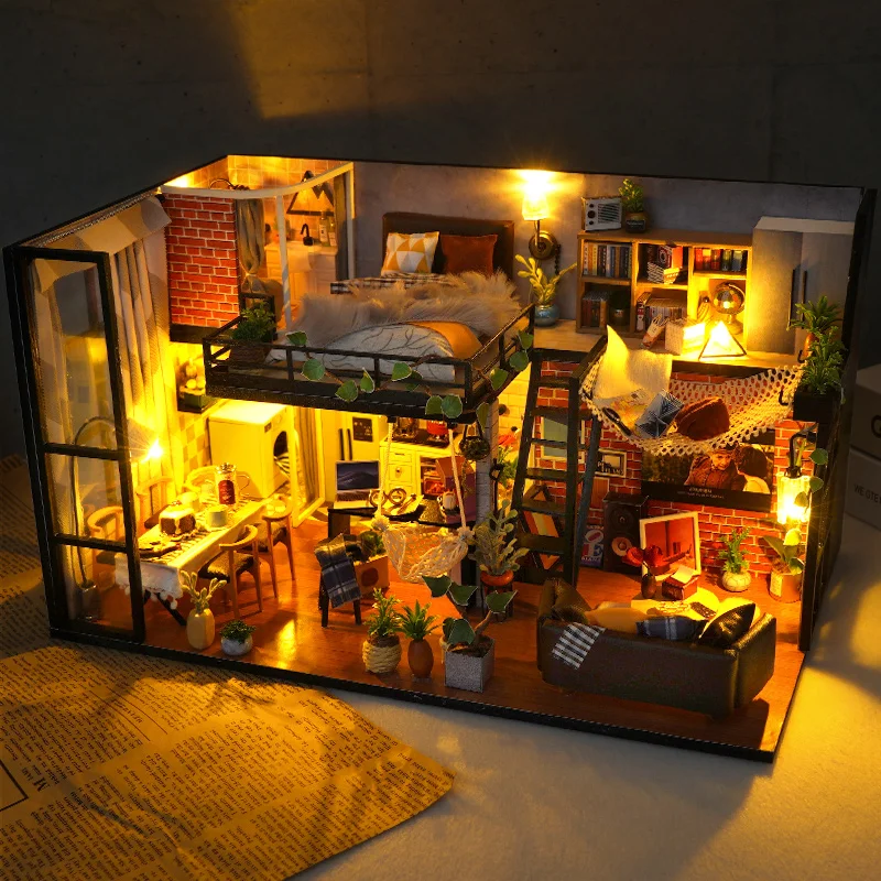 

Diy Casa Wooden Dollhouse Miniature Building Kit With Furniture Modern Loft Doll House Handmade Toys For Girls Birthday Gifts