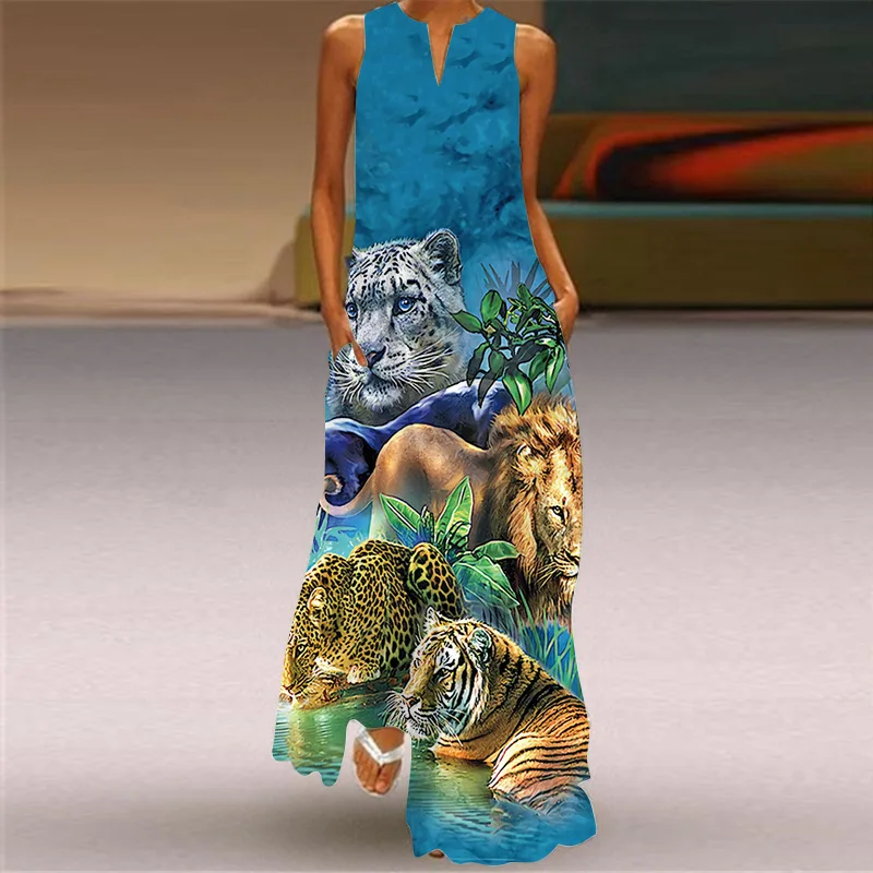 

Fashion Party Evening Dresses Tiger Dress Women Peacock Print Dress Long Robes Casual Loose Vestidos Maxi Luxury Sundress Dragon