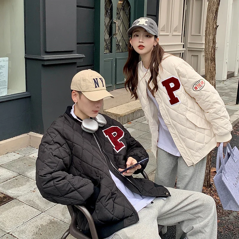 

Real time Wild Home Rhombic Alphabet Couple Cotton Jacket Winter New College Style Jacket Wide Pine Bomber