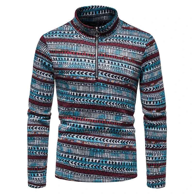 

New Men's High Neck Half Zipper Sweater Fashion Men's Ethnic Style Printed Sweater Long-sleeved Casual Sweater