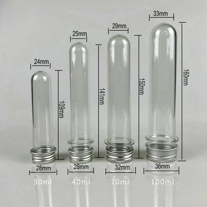 

10pcs lab 30/40/70/100ml PET test tube bottle Transparent cylindrical plastic refillable bottle for Mask candy data line
