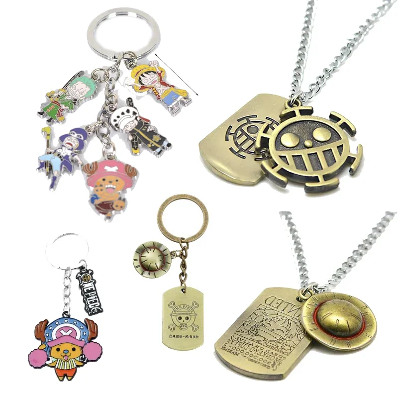 

Anime One Piece Necklace Luffy Straw Hat Skull Metal Keychain Anime Figures Backpack Pendant Accessories Boys Bracelet