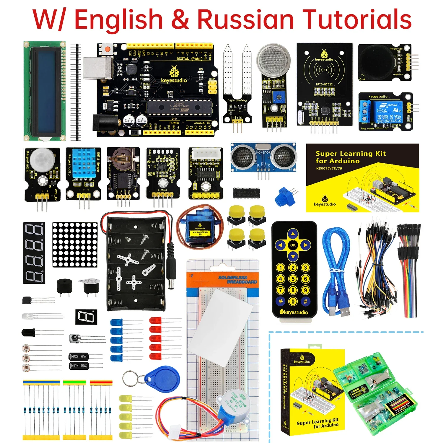 Фото RoRuSNEW Обновленный стартовый набор Keyestudio Super Starter Kit с платой V4.0 для Arduino, стартовый набор для UNOR3, 32 проекта + учебное пособие + подарок №2