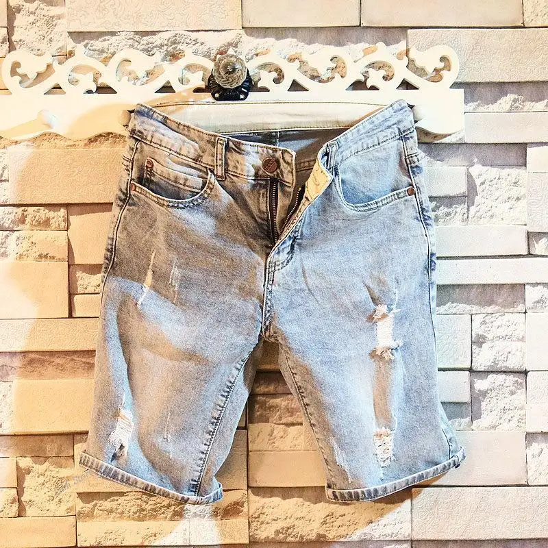 

Men's Short Pants Summer Fashion Street Hip Hop Men's Denim Shorts Brand Knee Length Hole Korean Pants Straight Feet Trendy