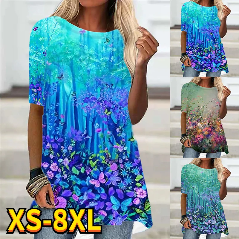 

2022 Summer New Women's Floral Theme Printed Painting Pullover Female Round Neck T Shirts Fational 3D Printed Tops