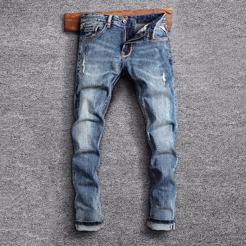 

Italian Style Fashion Men Jeans Retro Blue Elastic Slim Fit Ripped Jeans Men High Quality Vintage Designer Denim Pants Hombre