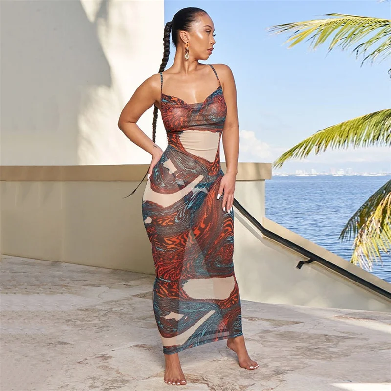 

Женское Сетчатое платье миди Zoctuo, прозрачное пикантное уличное Платье с принтом, открытой спиной, на бретелях, лето 2022