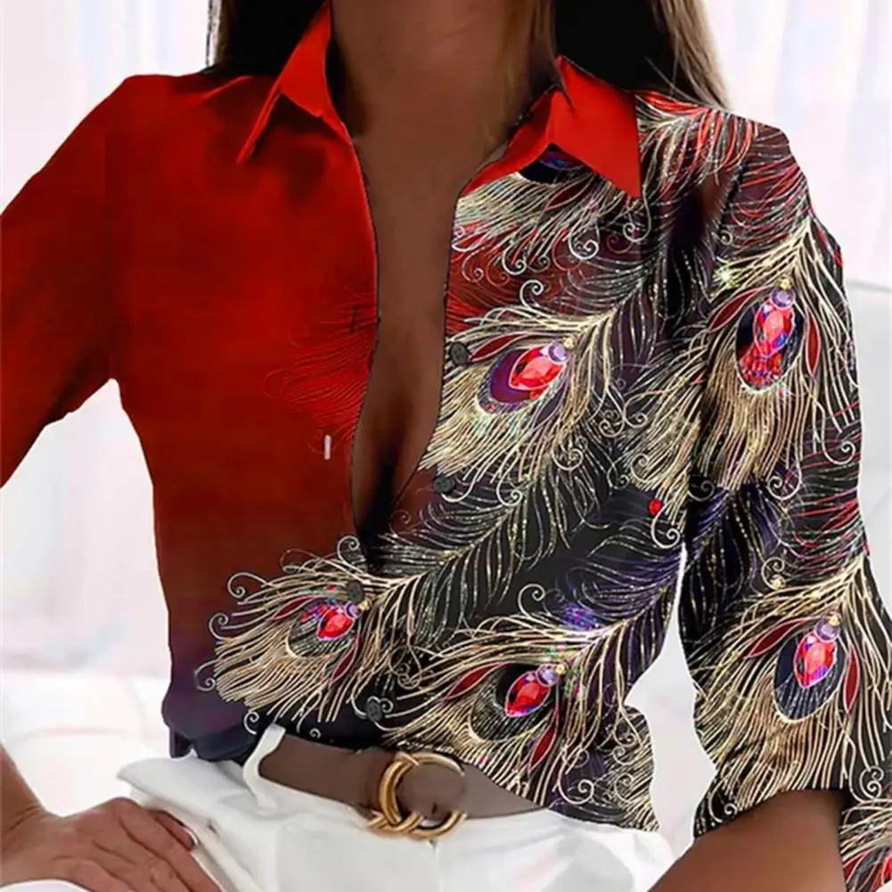 

Commuter Blouse Feather Print Single Breasted Shirt Women's Gemstone Lapel Top for Streetwear for Spring Autumn Fashion Office