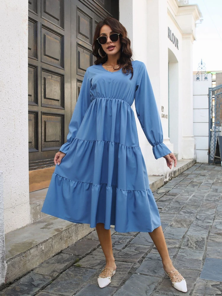 

Summer New V-Neck Solid Layered Dress with Ruffled Flare Sleeves for Casual and Comfortable Big Swing Dress for Women's Chiffon