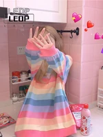 ledp harajuku rainbow striped hoodie womens spring and autumn sweater loose long sleeved top sweet girly hoodie womens sweater