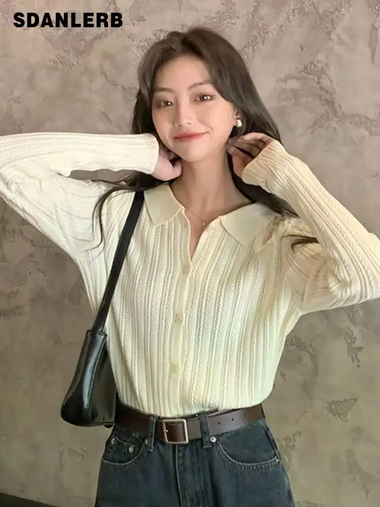

Hollow-out Long Sleeve Knitwear Women's Cardigan 2022 Spring and Autumn New Fashion Polo Collar Thin Short Slim Fit Sweater