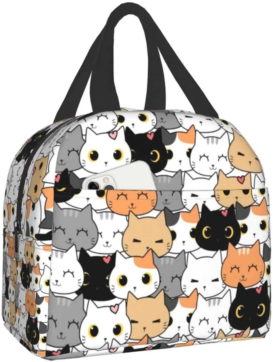 

Cute Cat Prints Lunch Bag Thermal Lunch Bag with Spacious Compartment Built-In Handle Portable Lunch Bag