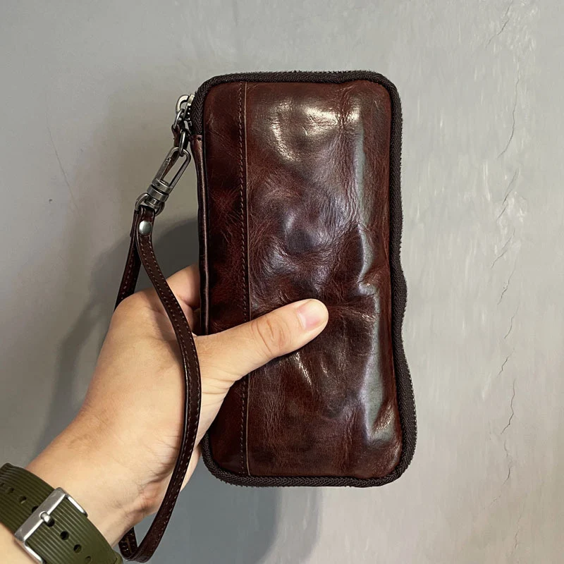 New leather wallet Men's long zipper retro mobile phone bag South Korea simple men's clutch bag men's cowhide