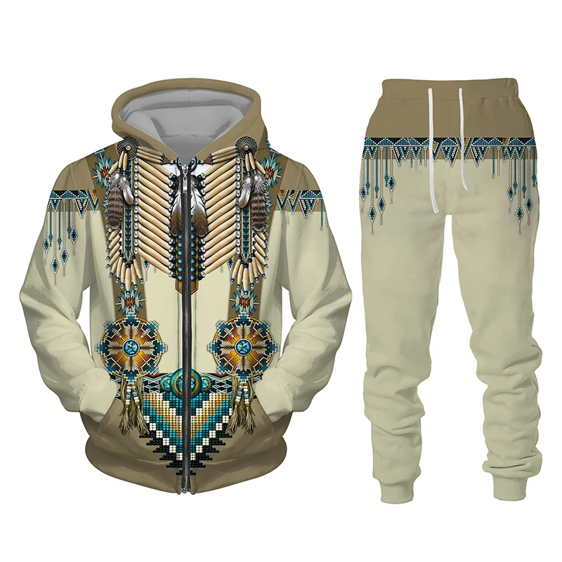 

Amerindian National Print Hoodie Tracksuits Men Women Two Piece Set Indian Style Retro Tops and Pants Casual 2pcs Outfits Cospla