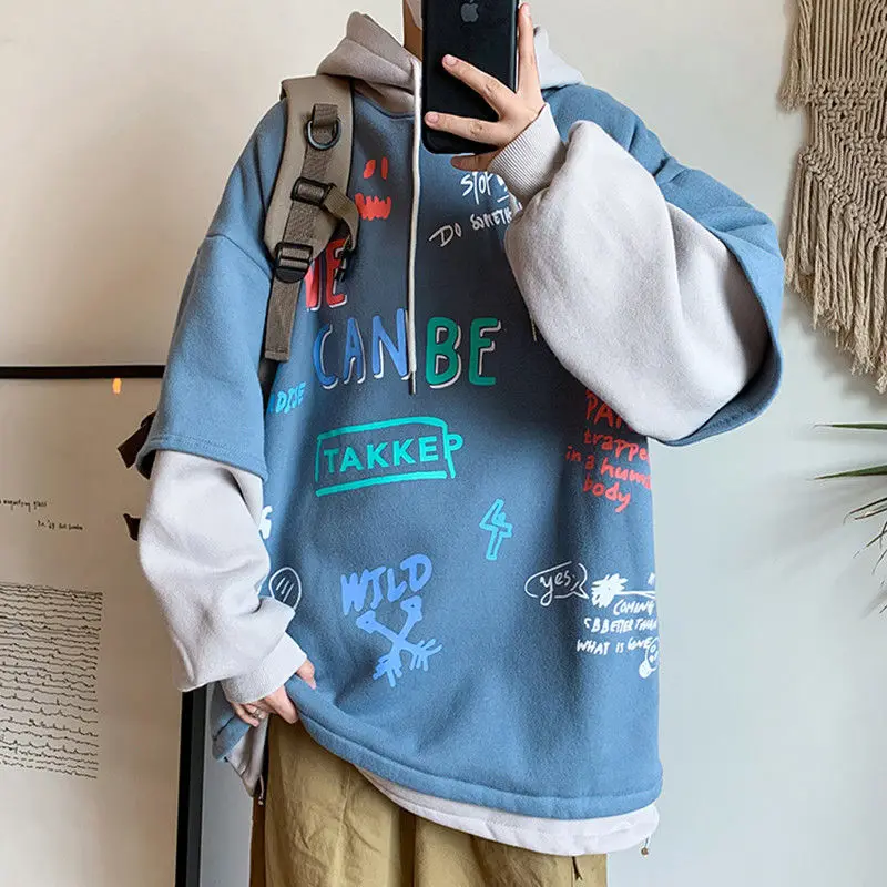 Hooded sweater men Korean version loose trend printing long sleeved top ins autumn and winter tide brand hip hop fake two pieces