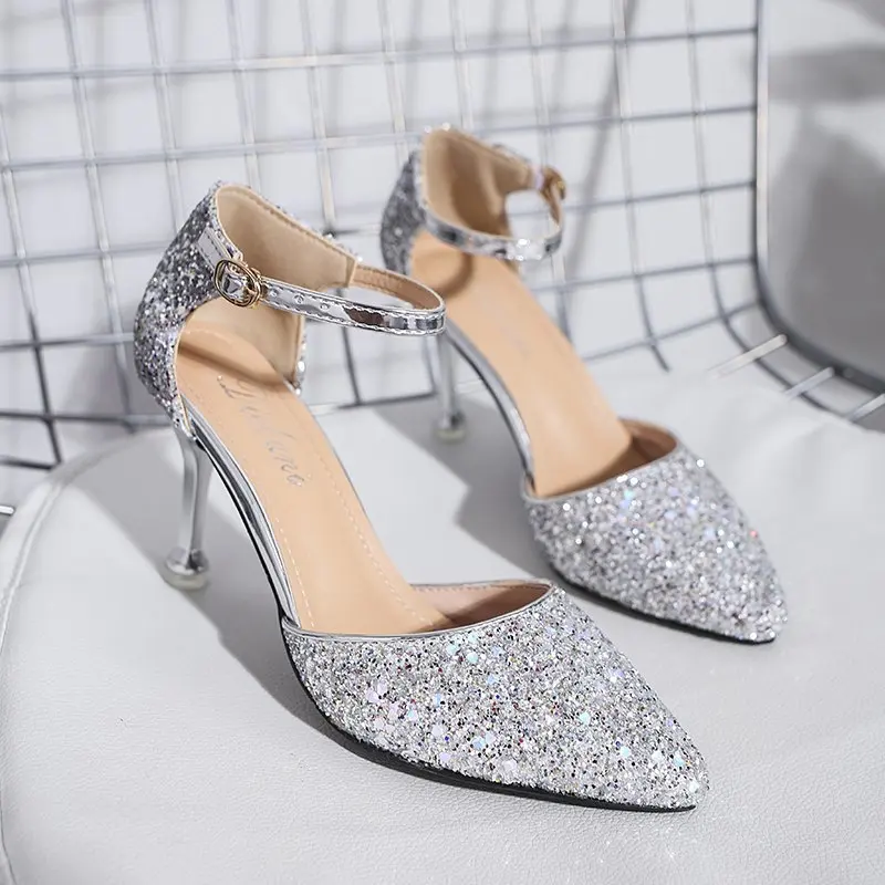

Женские свадебные туфли на высоком каблуке, серебристые туфли на шпильке, блестящие туфли с острым носком, золотистые туфли для невесты
