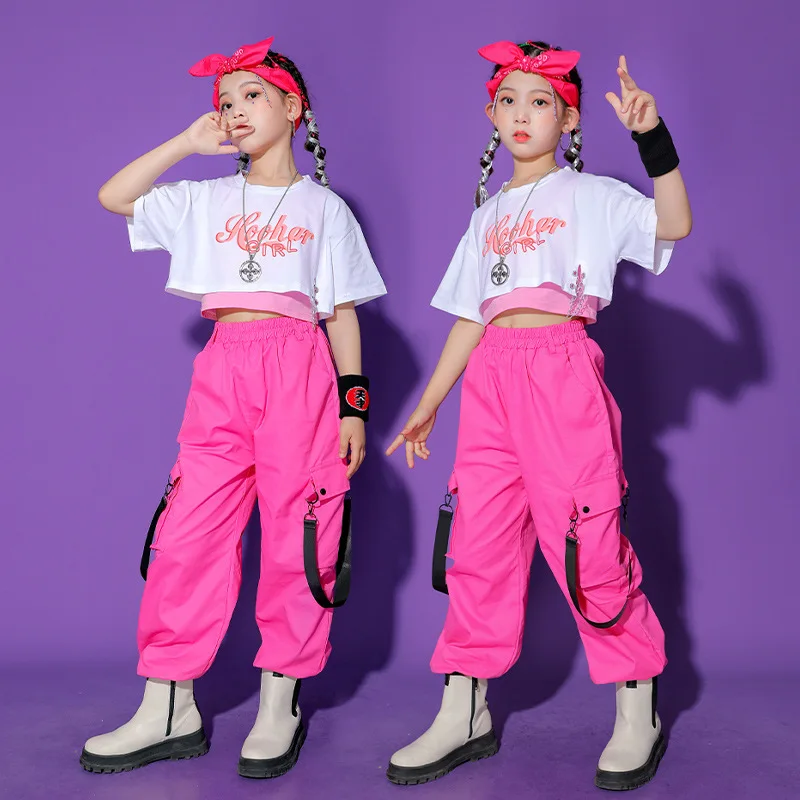 

Укороченный топ для девочек в стиле хип-хоп, розовые брюки-карго, Детская толстовка, женские комплекты, детский Джазовый милый наряд, костюм для подростков в уличном стиле