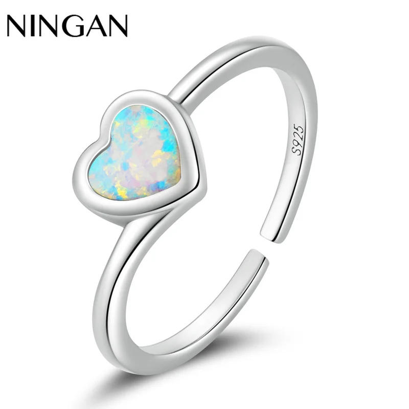 

NINGAN Adjustable Women Ring Inlaid Heart Opal Rings 925 Sterling Silver Finger Ring Female Fashion Jewelry with Box
