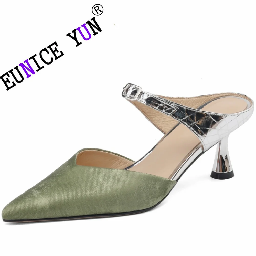 Женские мюли из натуральной кожи с острым носком на тонком высоком каблуке