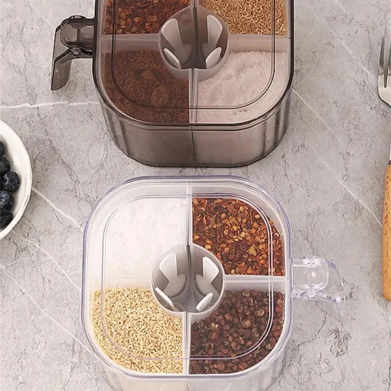 

4 In 1 Seasoning Box With Spoon Spice Jar Multi Compartment Salt Pepper Spice Jars Pots Kitchen Accessories Condiment Container