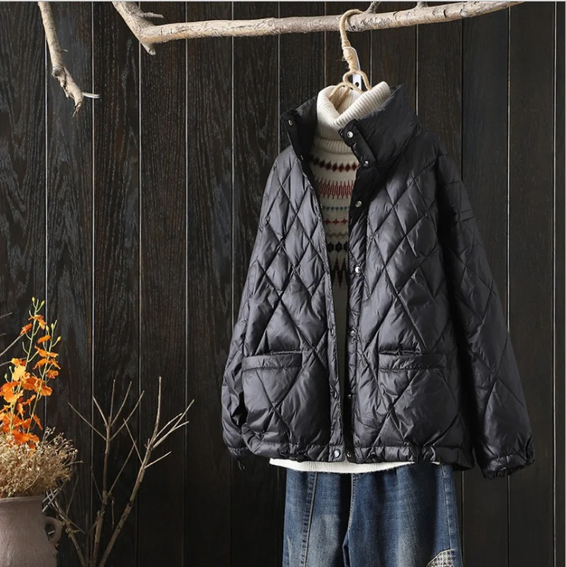 2022 New Winter Ultra Light Down Jacket Women Short Korean Fashion Argyle Puffer Coat Female Warm White Duck Down Parkas