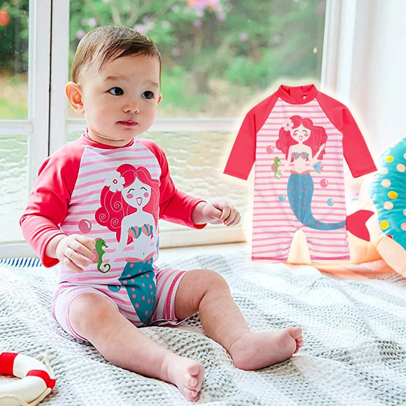 

New Design Cartoon Mermaid Swimwear Kids Long Sleeve Baby Boy Girl Swimsuit One Piece Toddler Infant Swimming Wear Bathing Suit