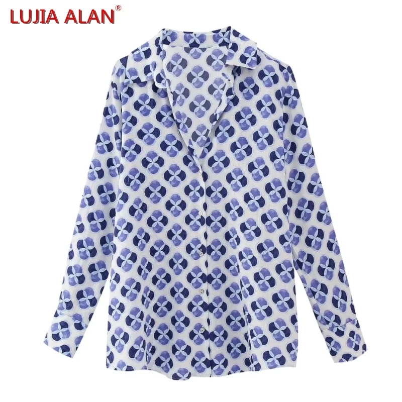 

Summer New Women Geometric Printed Shirt Female Long Sleeve Blouse Casual Turndown Collar Loose Tops LUJIA ALAN B1797