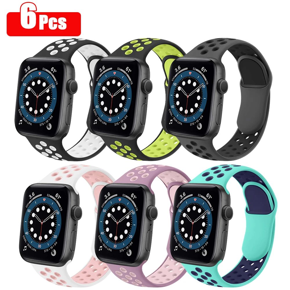 

Ремешок силиконовый для Apple Watch Band 41 мм 45 мм 38 мм 42 мм 44 мм 40 мм, спортивный браслет для iWatch Series 7 6 5 4 3 2 1 SE, 6 шт./лот