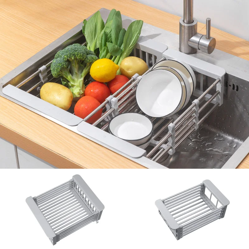 

Kitchen Sink Stainless Steel Shelf Extendable Fruit Vegetable Drain Rack Universal Sink Retractable Storage Rack for Bowl Plate