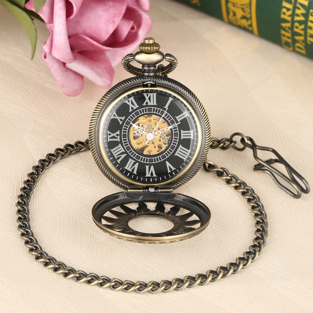 Bronze Sun Skeleton Display Manual Mechanical Pocket Watch Retro Fob Chain Roman Numerals Antique Pocket Timepiece Gifts Male
