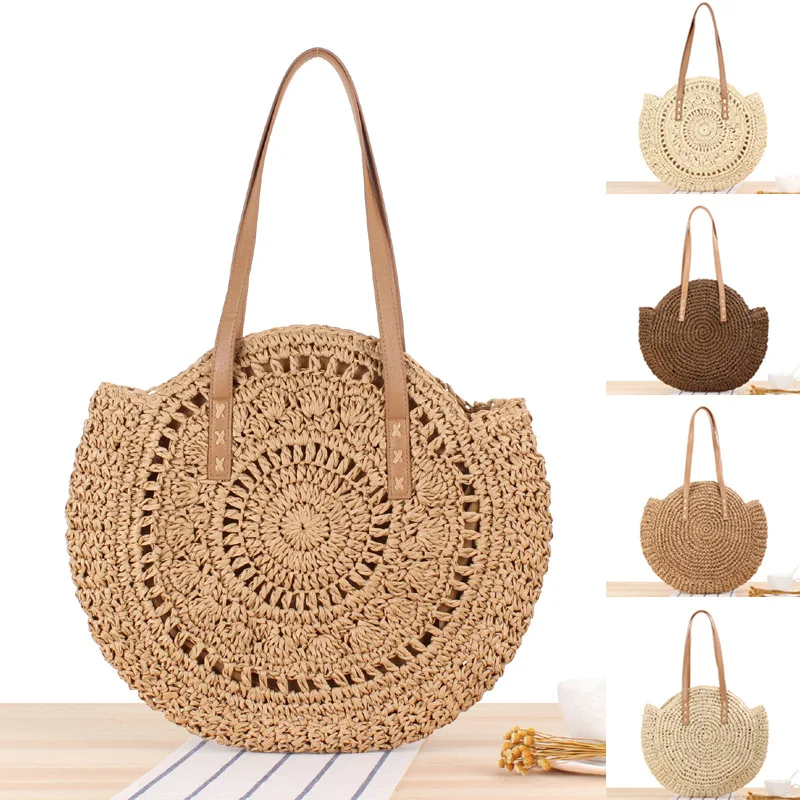 

Круглая пляжная соломенная сумка, винтажная плетеная сумочка на ремне ручной работы, круглые плетеные богемные летние женские сумки из рафии для отпуска