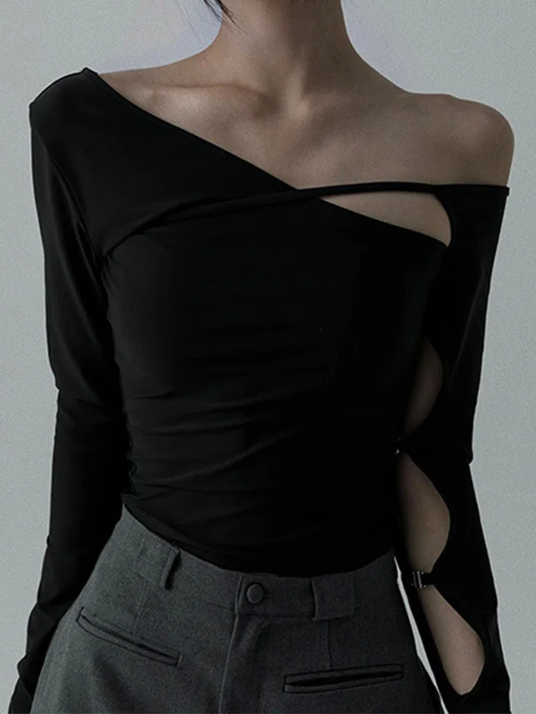 Y2K футболка с косым вырезом и длинными рукавами модная панк-мода облегающие