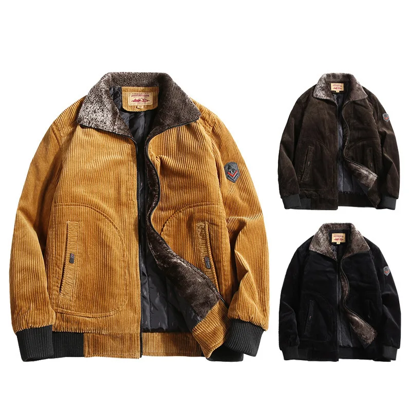 

Fall and Winter Men's Fashion Retro Casual Military Corduroy Jacket Faux Lamb Wool Collar Zipper Placket Warm Cotton Jacket