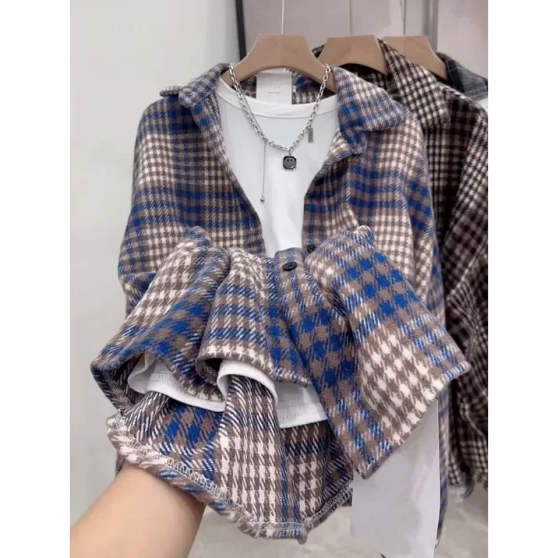 Винтажная клетчатая рубашка в гонконгском стиле женская свободная повседневная