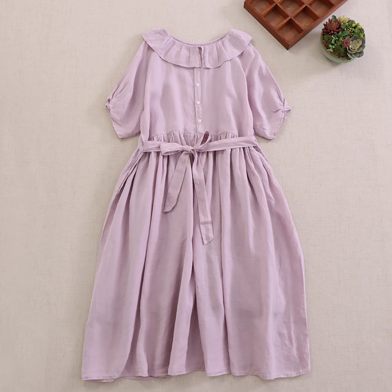 Summer New Sweet Solid Color Ruffled Collar Ramie Dress Women Short Sleeve Casual Dress XQ0512