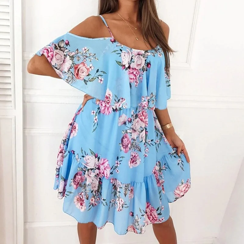

Sexy Spaghetti Strap Woman Dress Summer Floral Print Off Shoulder Sundress Elegant Chiffon A-Line Beach Boho Dresses 2022