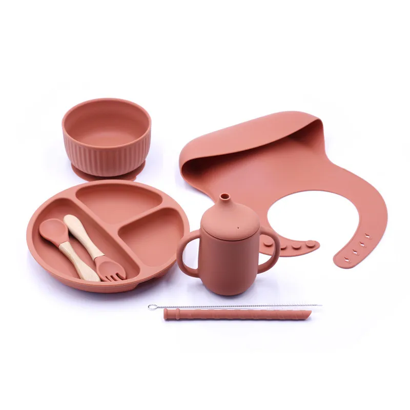 

6Pcs/Set Baby Silicone Plate Spoon Fork Bib Straw Drink Cup Set Baby Feeding Silicone Bowl Baby Dishes Tableware BPA
