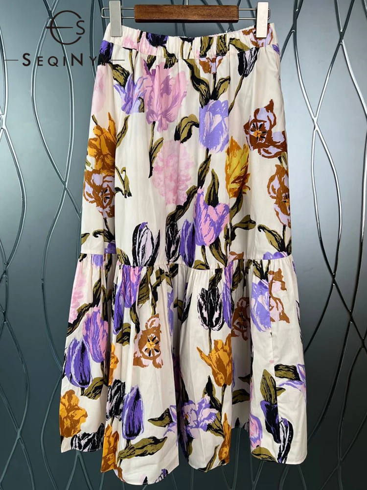 

SEQINYY 100% Cotton Skirt Summer Spring New Fashion Design Women Runway Purple Tulip Flower Print A-Line High Street Casual