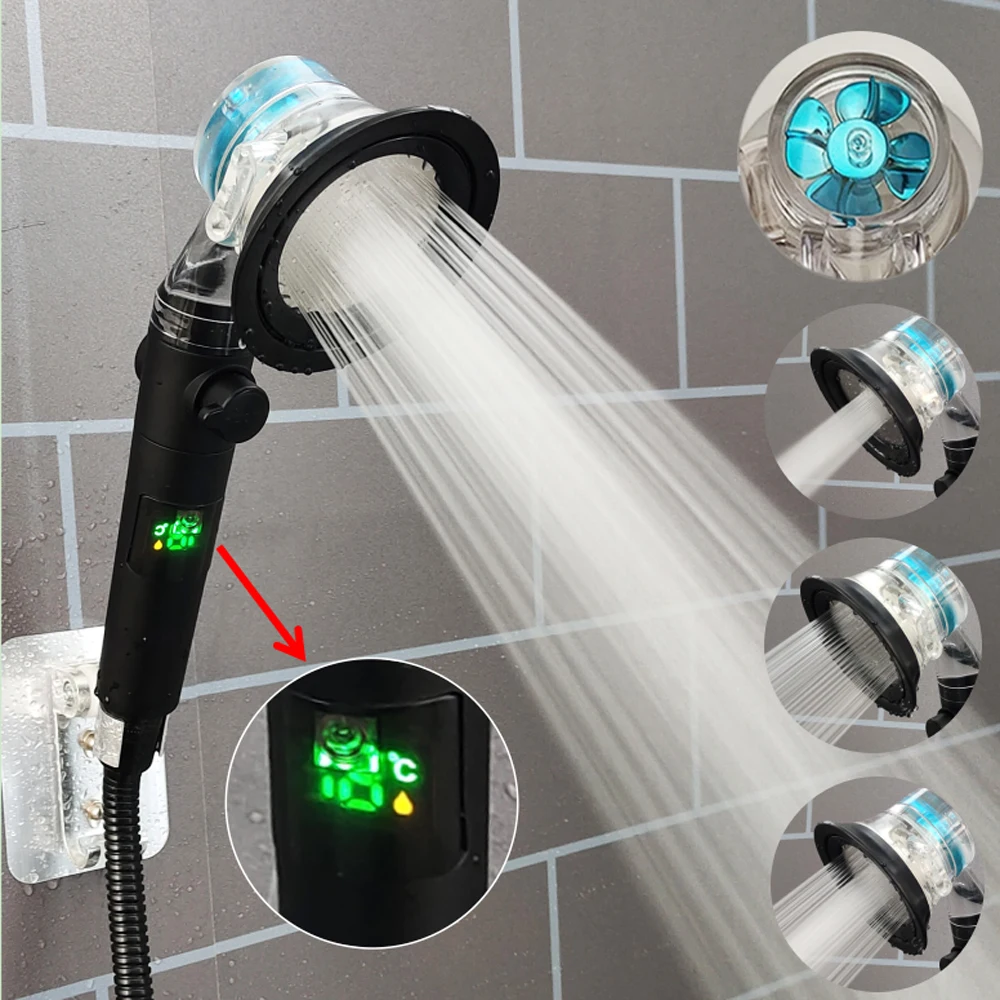 

Digital Temperature Display High Pressure Shower Head 3 Modes Turbo Propeller Pressurized Filter Showerhead Bathroom Accessories