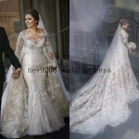 vintage mermaid wedding dresses with detachable train arabic sheer neck lace appliques plus size long sleeve bridal gowns