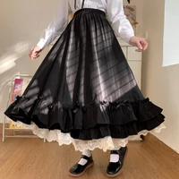 faldas largas japan gothic high waist big swing double layer irregular ruffled black skirt women jupe femme vintage ropa mujer
