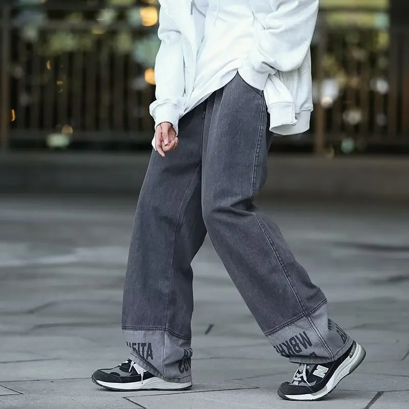 DEEPTOWN Loose Straight Jeans for Men Patchwork Letter Denim Pants Casual Streetwear Trousers Male Wide Leg Hip Hop Plus 5XL