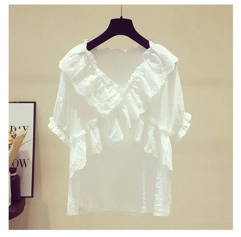 

Summer Women's Blouse 2022 V-neck Ruffled Lace Short-sleeved Chiffon Shirt Super Fairy Temperament Slimming Ladies Top Elegant