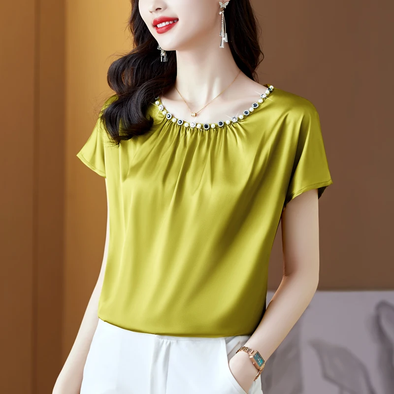 

2022 Summer New Womens Tops O-Neck Solid Fashion Office Lady Short Sleeve Tops SATIN Pullover Straight Casual Shirts Blouses
